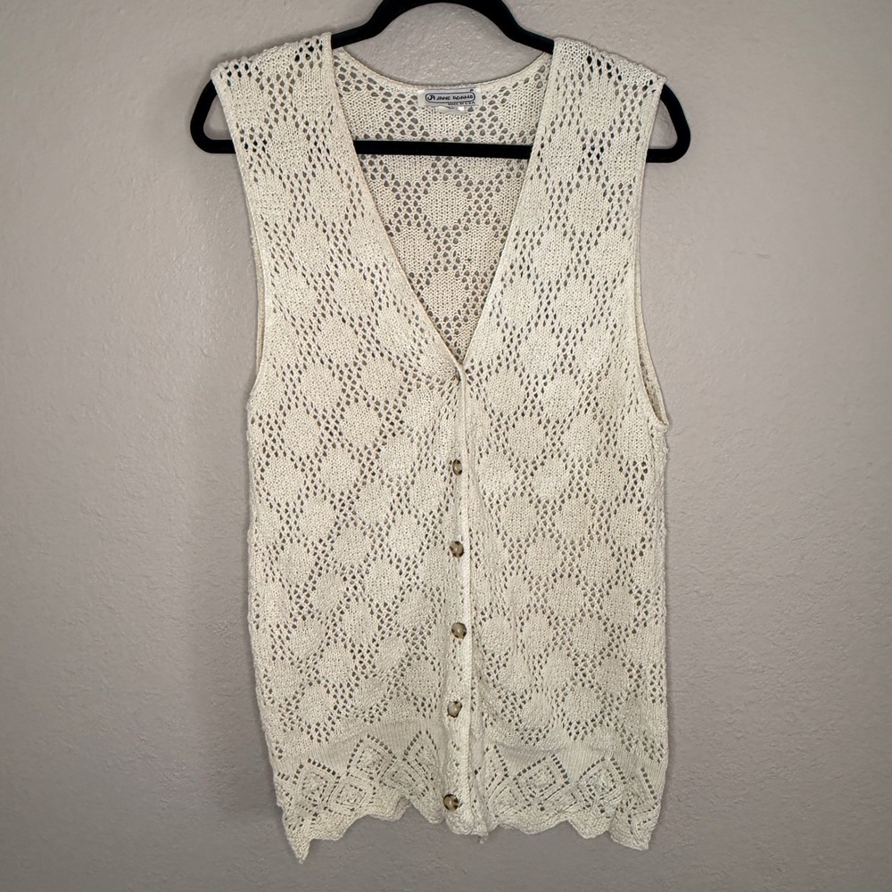 Vintage Womens Medium Pointelle Knit Cotton Cardigan Cottage Fairy Boho Festival